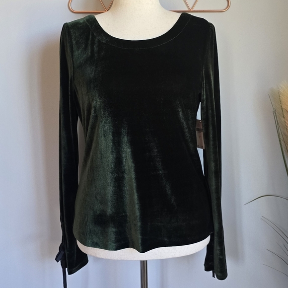 Anthropologie, New Hunter Green Velvet Lace-up Open Back Shirt Top Size Large - Picture 13 of 13